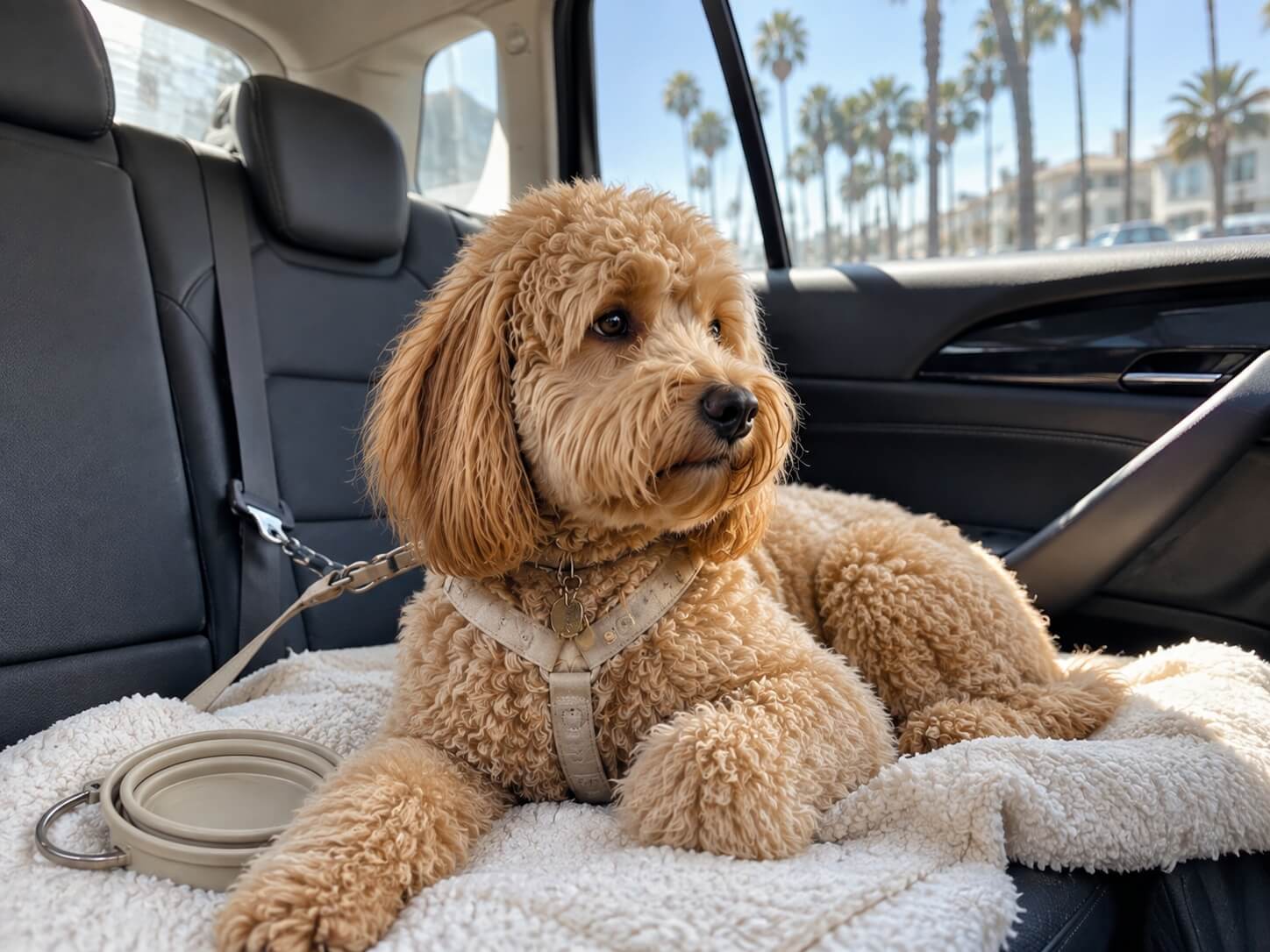 An apricot doodle safely secured in the back seat during a sunny California car ride