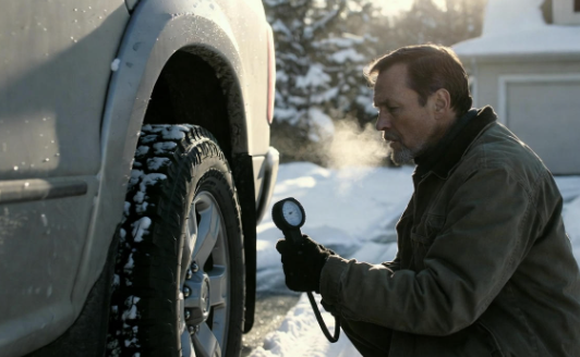 Man checking tire pressure with a simple gauge in cold weather