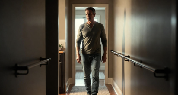 Man practicing heel-to-toe balance walk safely at home