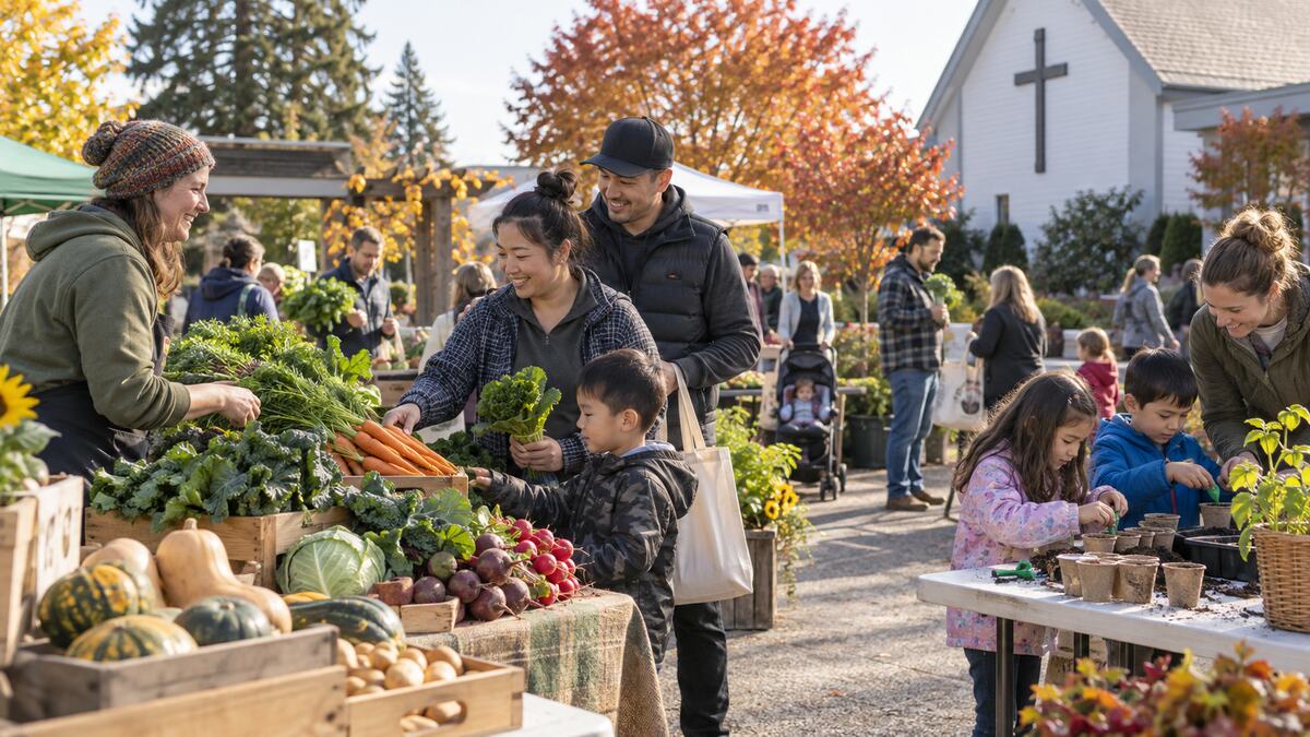 Families browsing local produce and children gardening at a North Delta community market