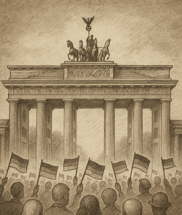 Sepia illustration of Brandenburg Gate with symbolic small flags representing unity, no visible faces