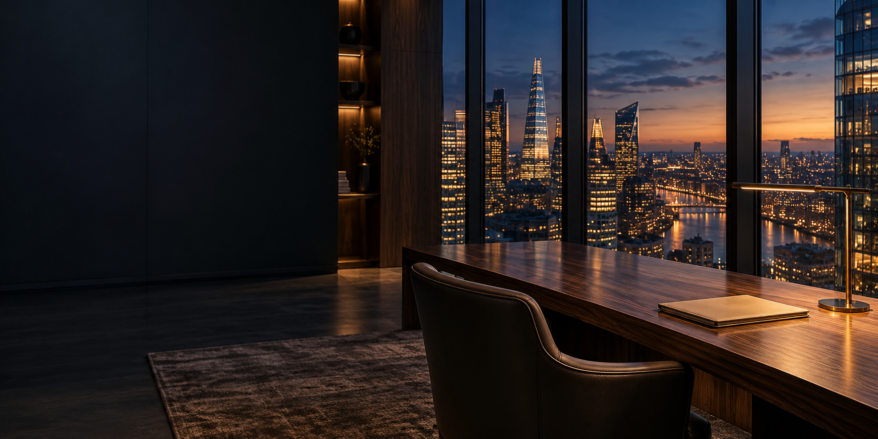 Editorial illustration of a city-facing research workspace at dusk