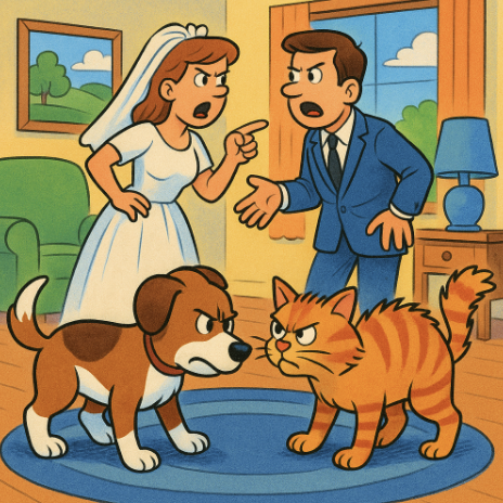 A newlywed couple arguing while their cat and dog face off in the foreground of a cozy home - Vibrant colors, cartoon style with exaggerated content. An art style mix of Family Circus and The Jetsons.