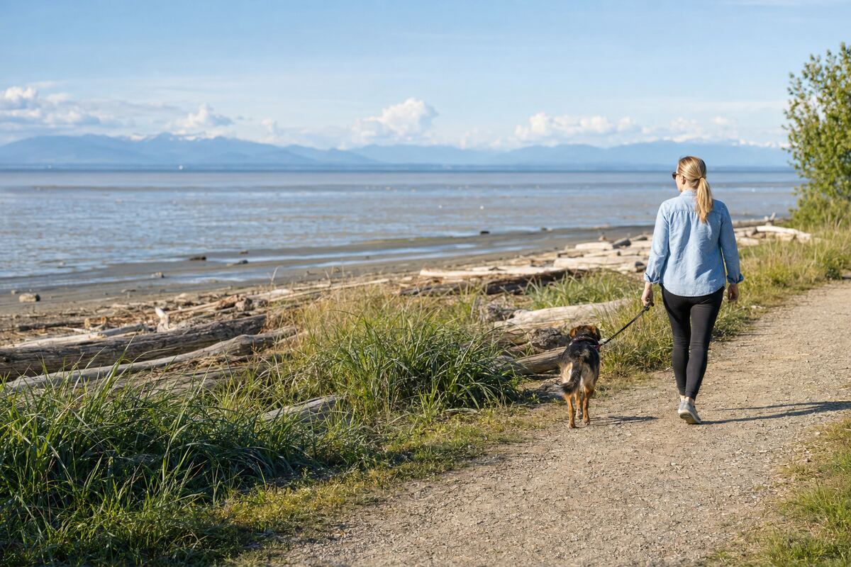 Dog owner walking a leashed dog on a designated trail beside Boundary Bay tidal flats near Centennial Beach