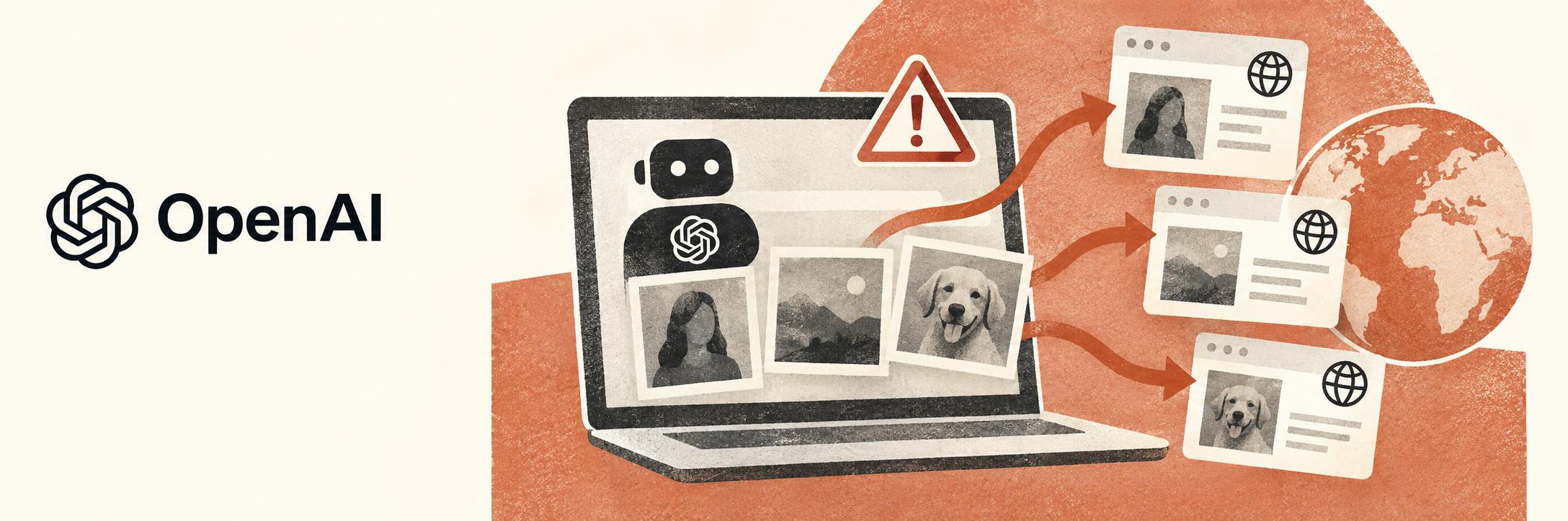 OpenAI logo with an illustration of an AI agent sending images to external hosting sites; read the TechCrunch report