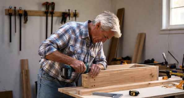 Man building a cedar planter box with tools on a workbench