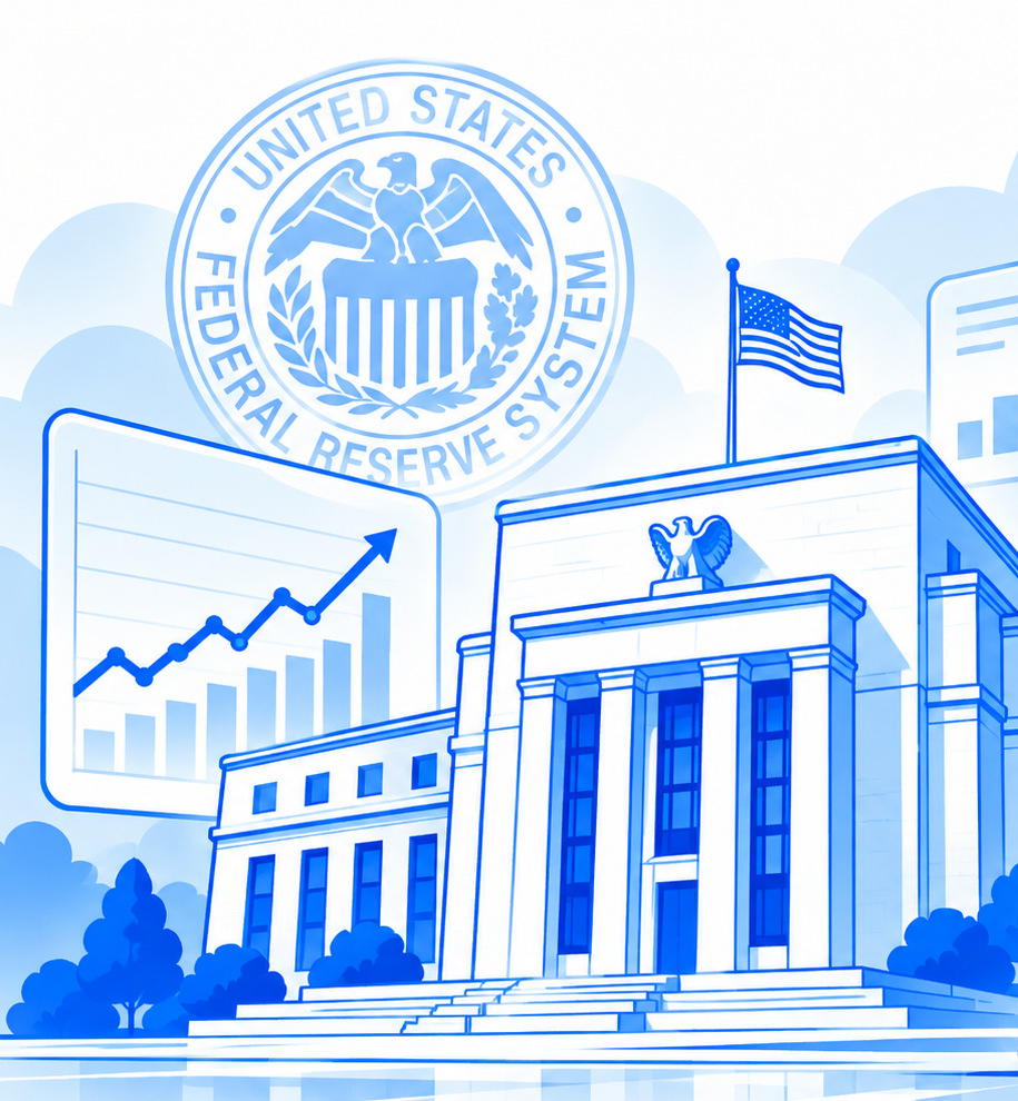 Federal Reserve building, policy chart and press podium; conceptual illustration.
