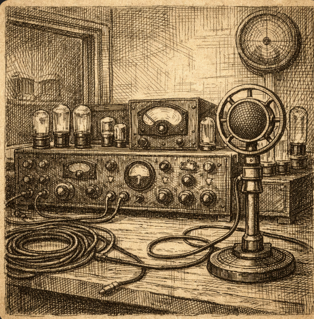 Vintage radio studio equipment: large wooden radio console, vacuum tubes, dials, and a classic microphone, no people or text