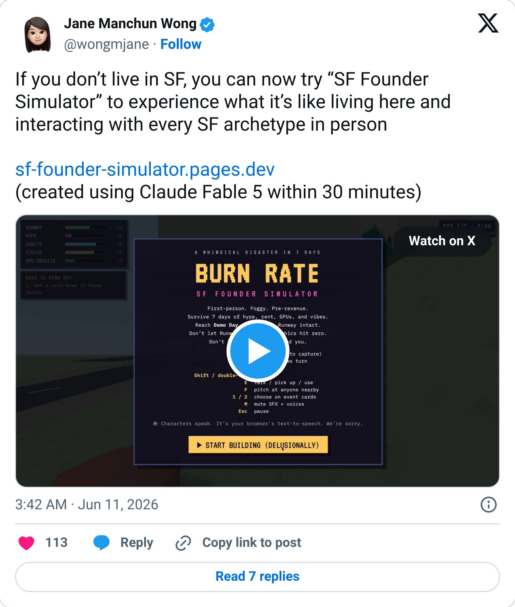 Jane Manchun Wong tweet showing an SF simulator built with Fable 5