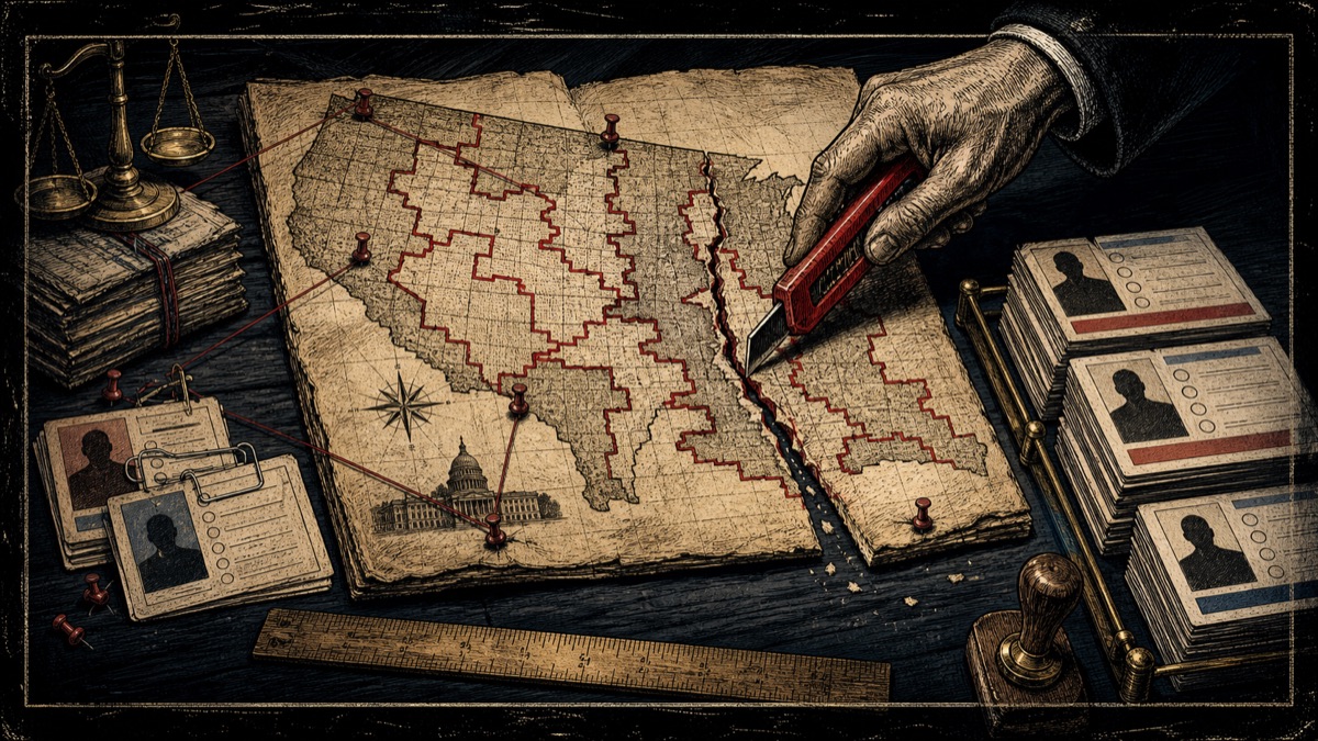 A red utility blade slices a parchment map while ballot cards sit untouched on an evidence table.