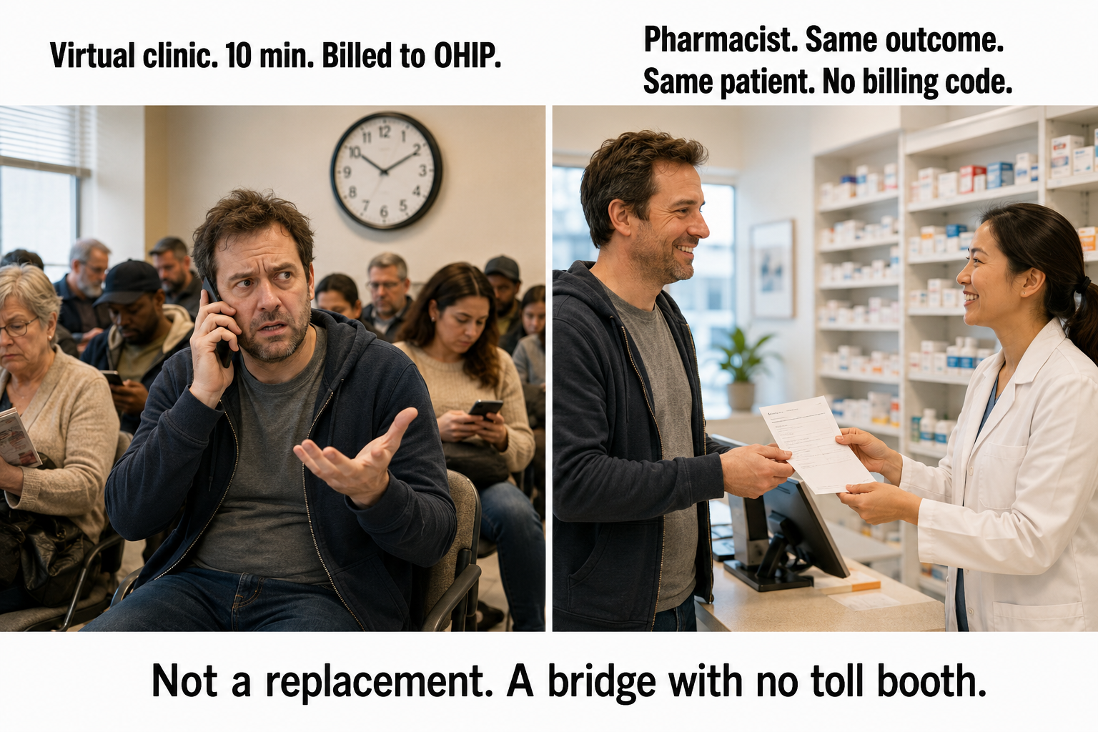 Virtual clinic: 10 min, billed to OHIP. Pharmacist: same outcome, no billing code. Not a replacement. A bridge with no toll booth.