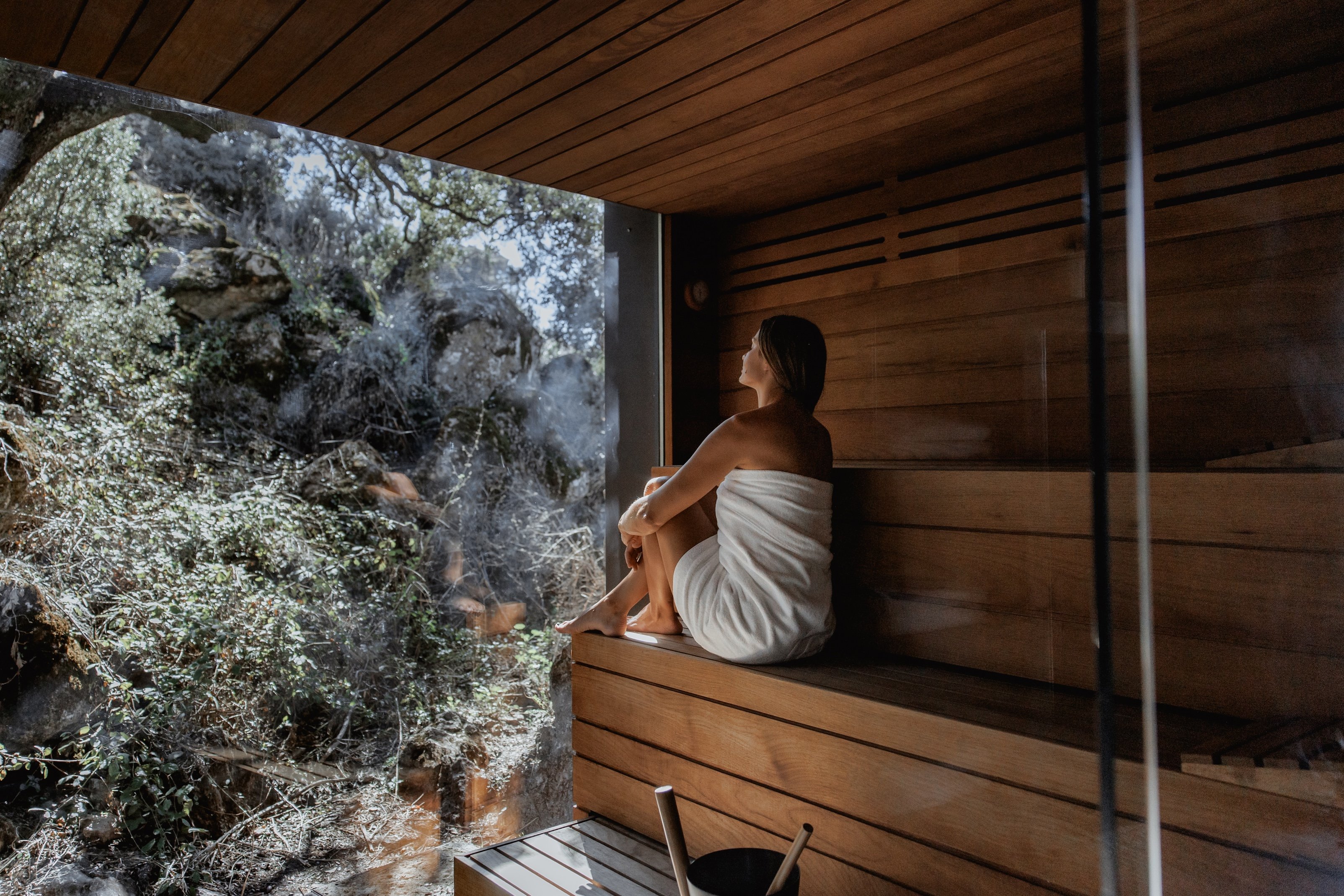 Wood-fired sauna overlooking the landscape at Finca La Donaira