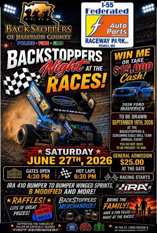 BackStoppers Night at the Races flyer for June 27, 2026 at I-55 Raceway in Pevely