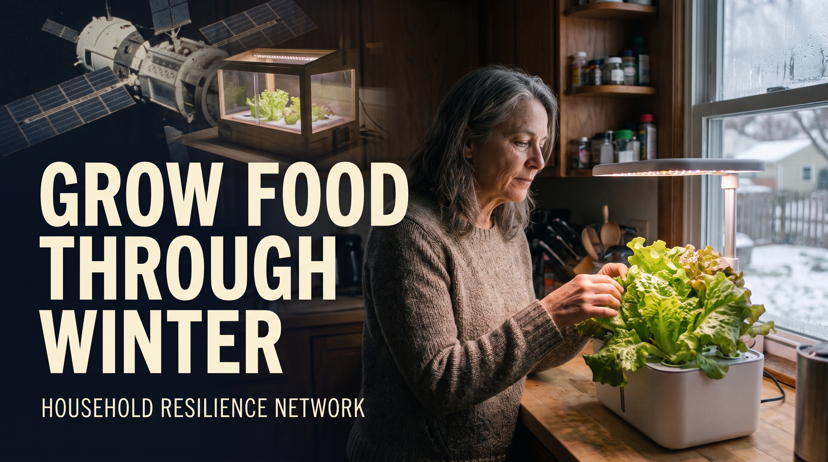 Illustrative documentary-style montage: A woman about 55 at a modest kitchen counter tending robust leaf lettuce under a compact white grow light, frost on distant window. Background photographic double exposure of an orbital station and a small LED lettuce experiment, historical-science connection. Hopeful practical mood.