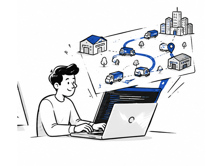 A programmer working at a laptop as an optimization model comes to life as a miniature logistics network with blue routes.