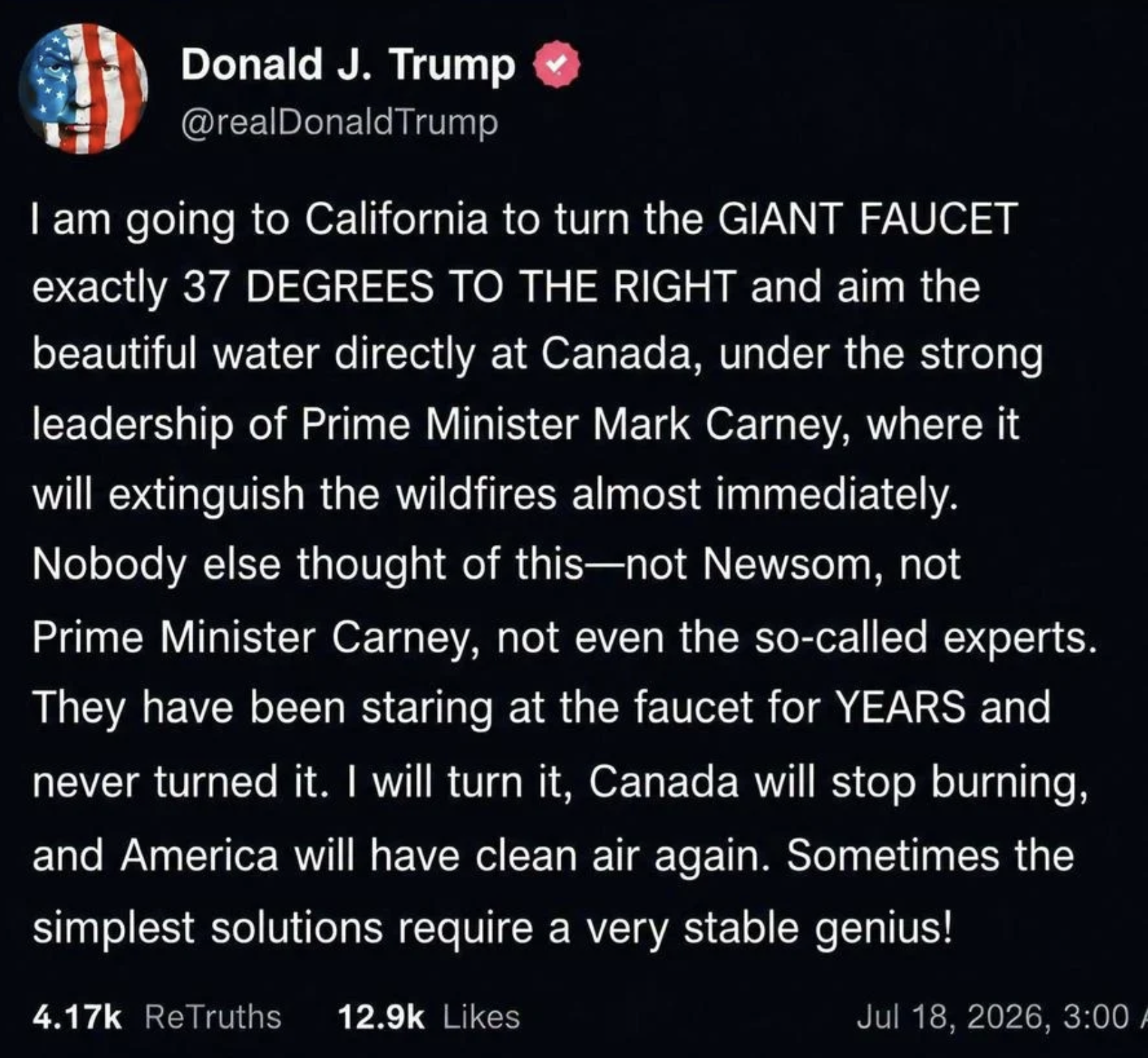 A fake Trump Truth Social post about a giant faucet that exists only in a screenshot