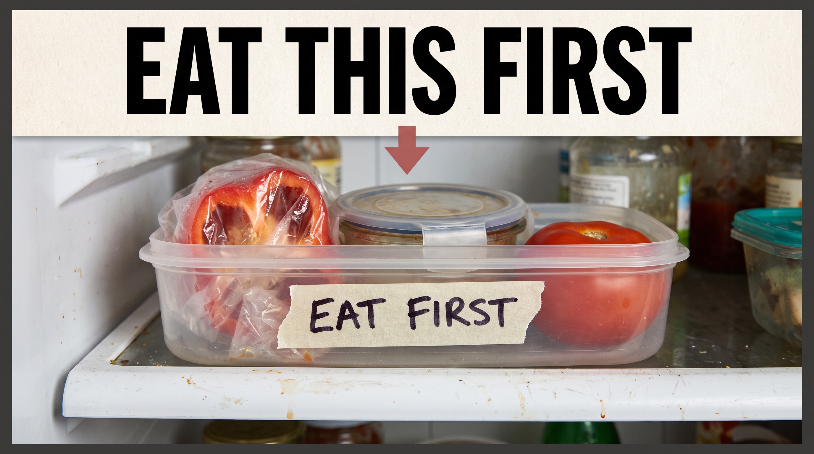 Illustration: an EAT FIRST tray keeps soon-to-use food visible.