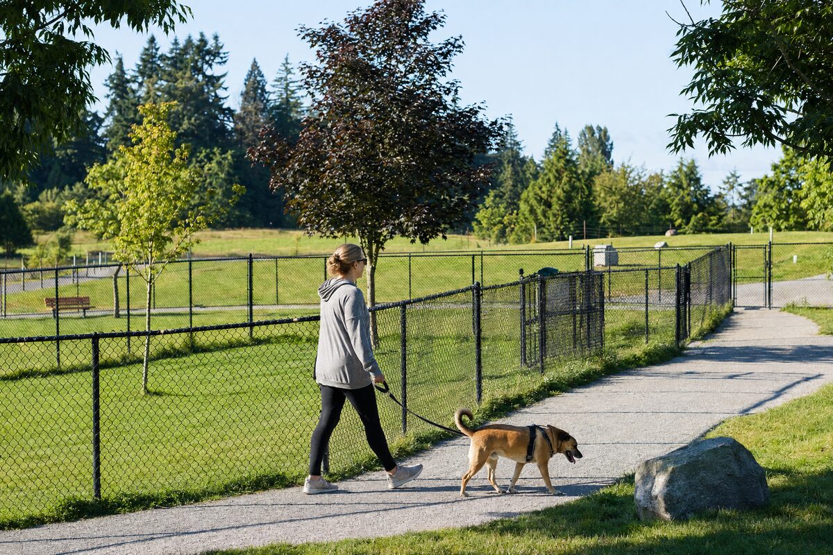 Dog owner walking beside fenced off-leash areas on a sunny community-park path