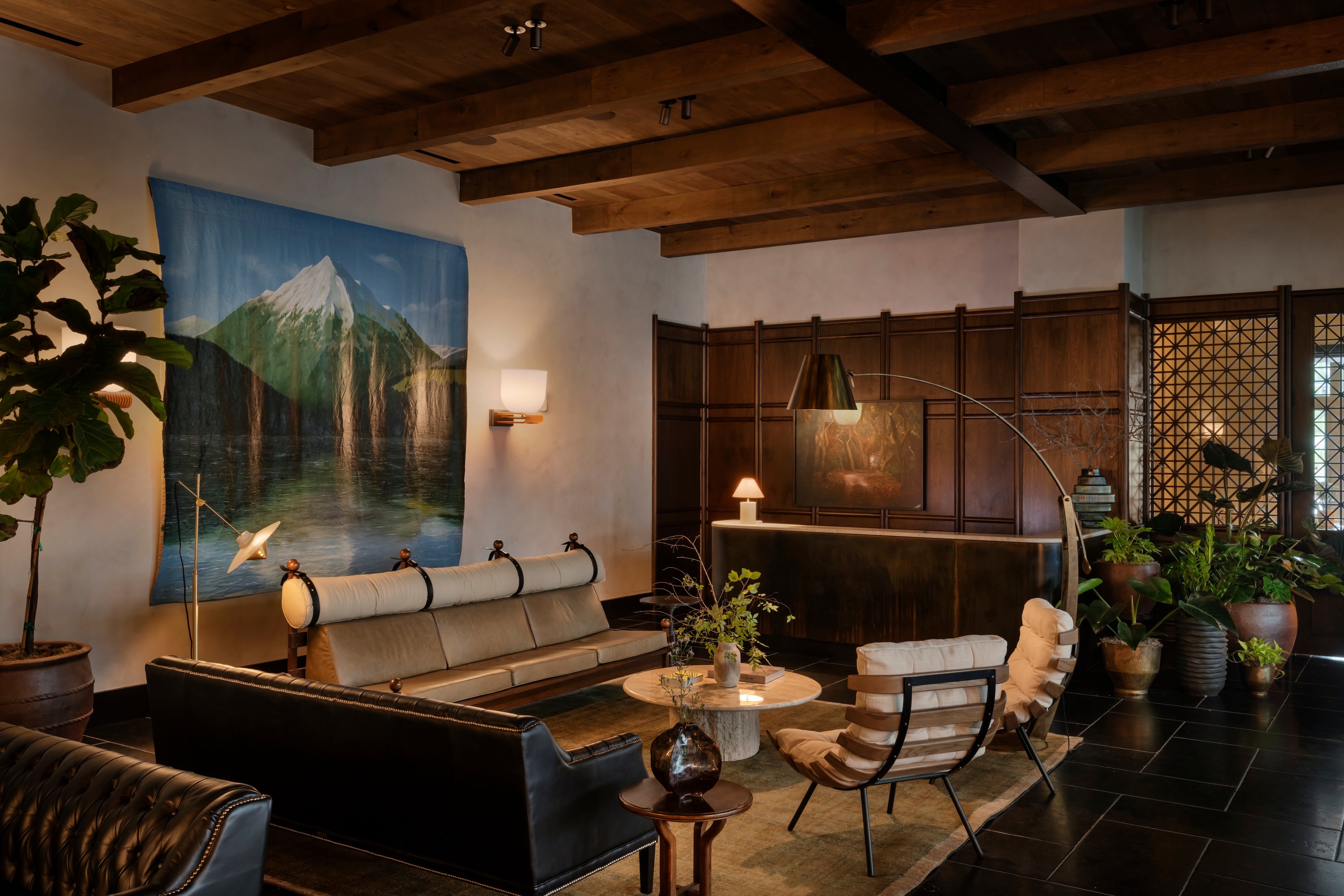 Warm wood-paneled lounge at Forth Atlanta