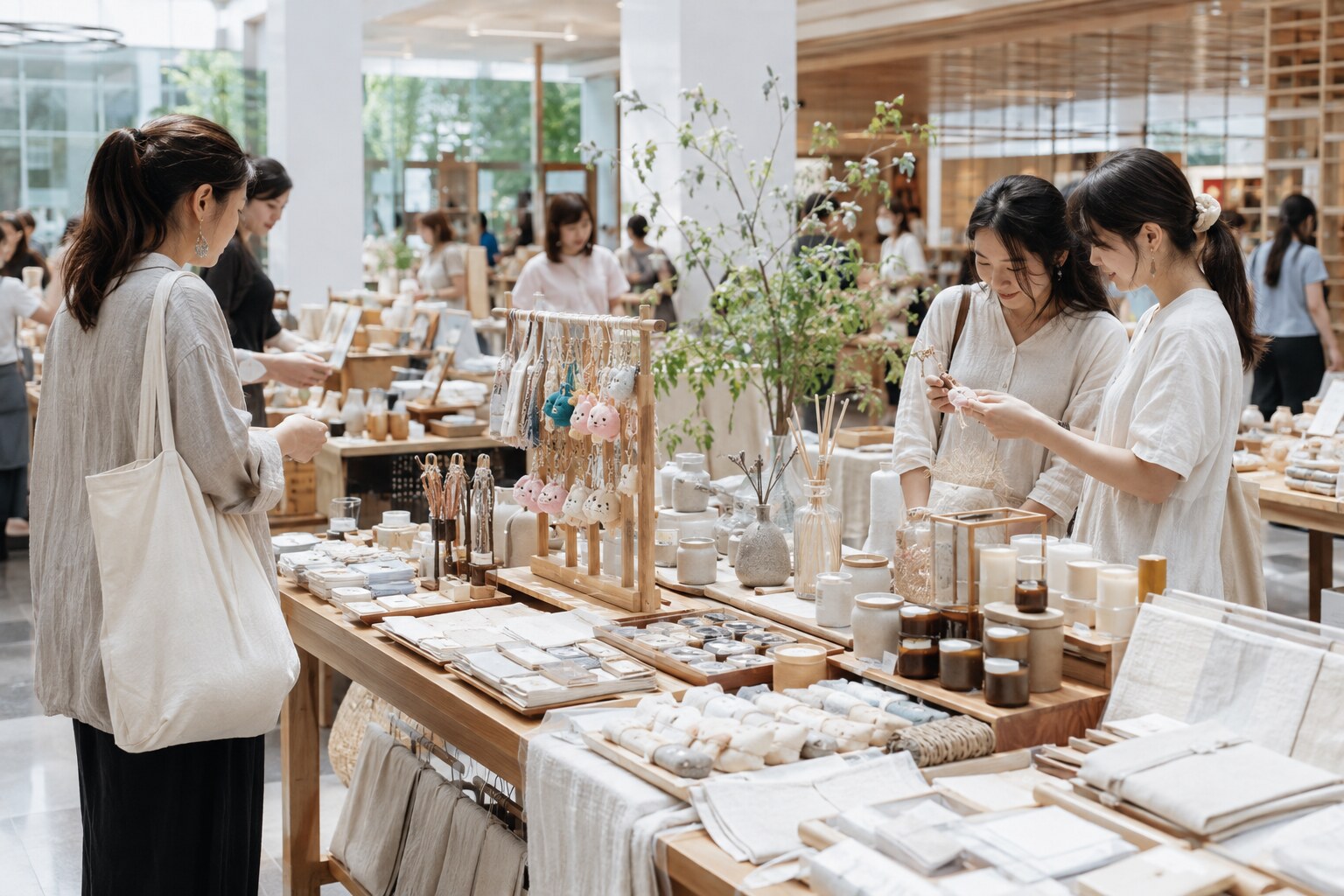 Shoppers browsing a bright minimalist indoor market with candles, natural-fabric goods and colourful handmade accessories