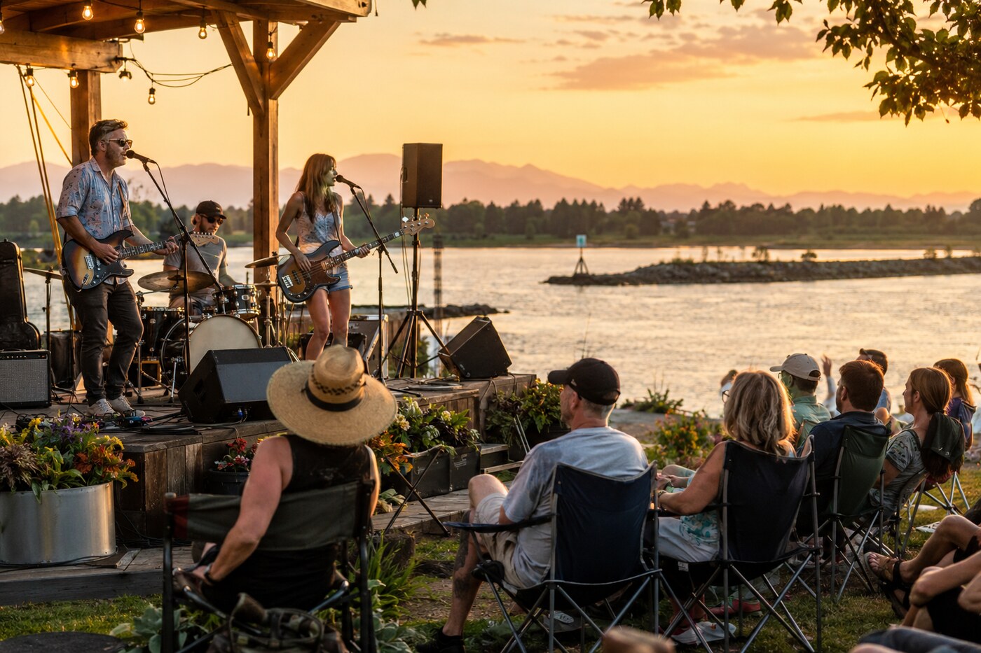 Small band performing beside the Ladner waterfront at golden hour