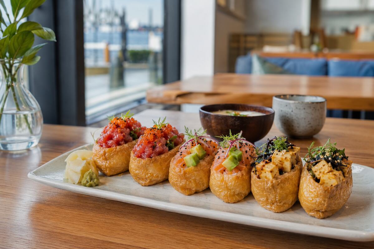Colourful inari sushi arranged at a modern Japanese cafe in Steveston