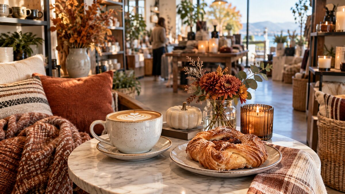 Photorealistic editorial illustration of coffee, pastry and fall décor at a Tsawwassen café boutique
