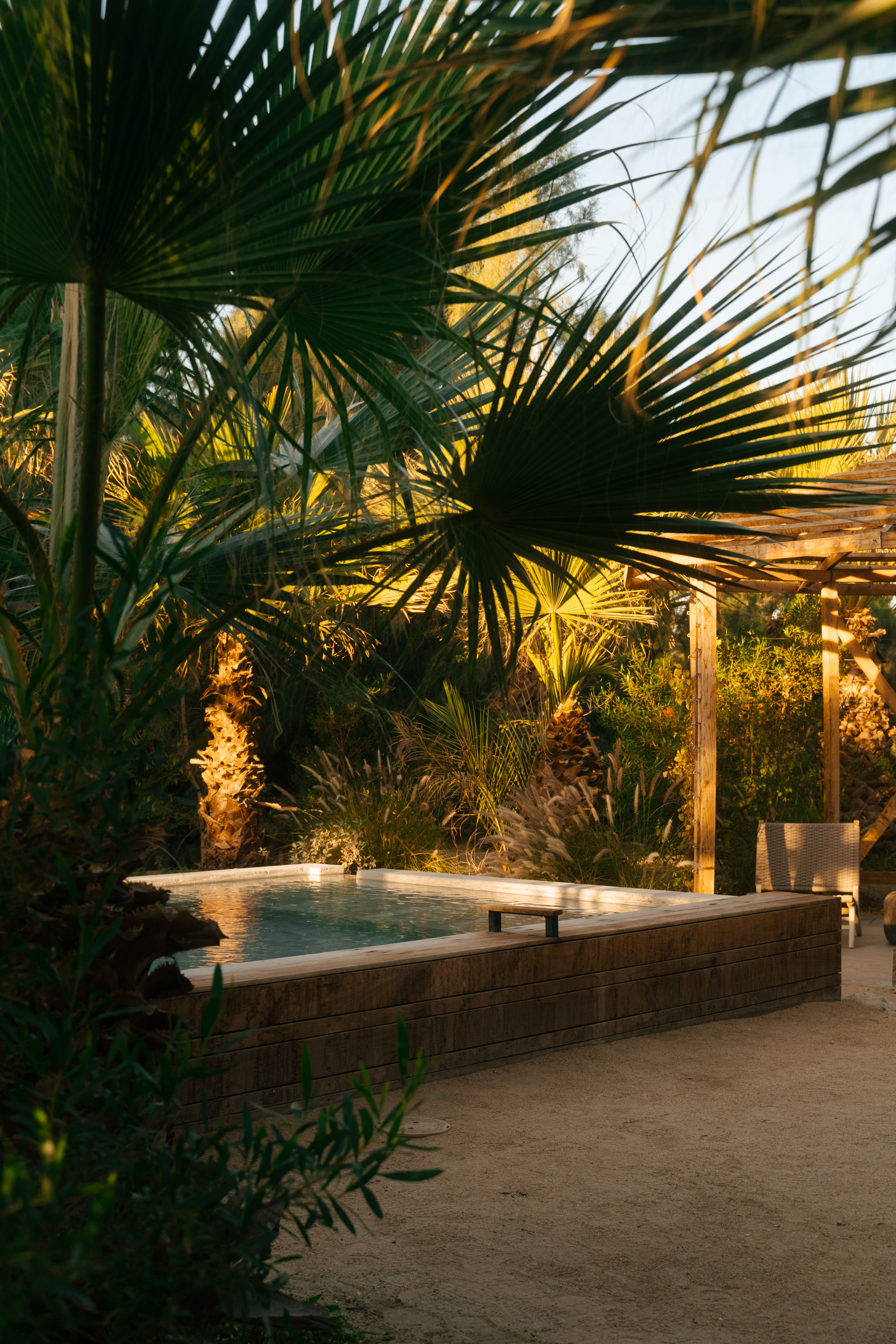 A secluded soaking tub among the palms at Two Bunch Palms