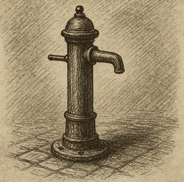 Sepia sketch of a street water pump missing its handle