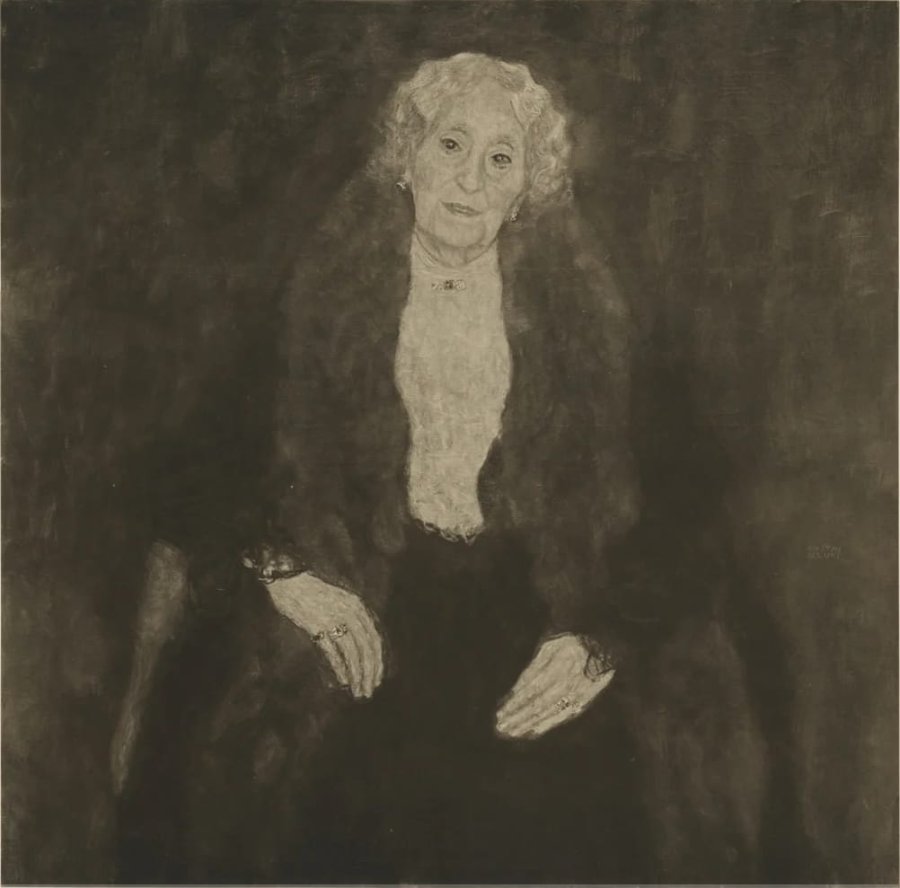Black and white photograph of a painting of an elderly seated woman with curly light hair, a dark fur wrap, rings on her hands, and a dark background