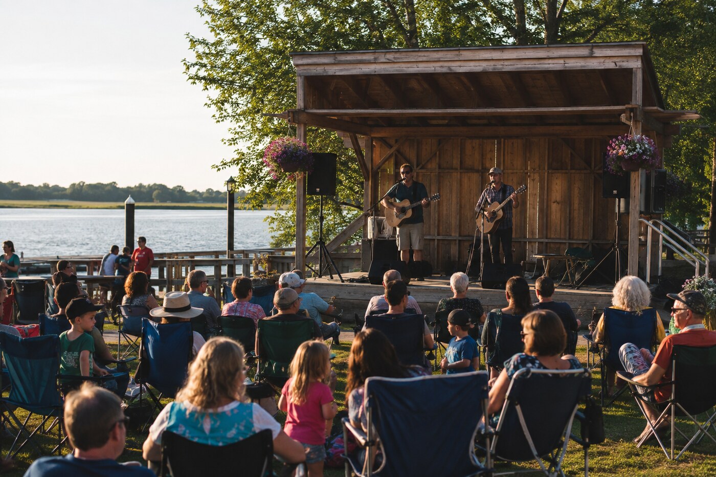 Local musicians performing on a small waterfront stage as people watch at sunset