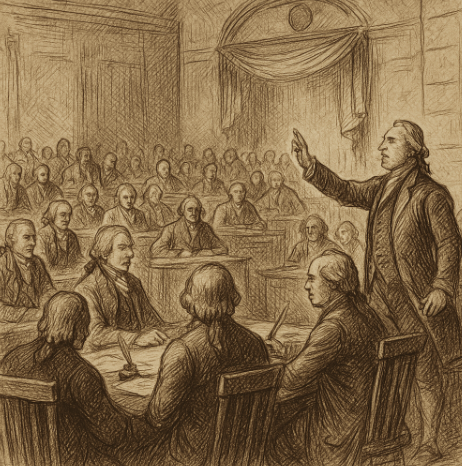 Sepia sketch of early Congress chamber with delegates and quills debating amendments