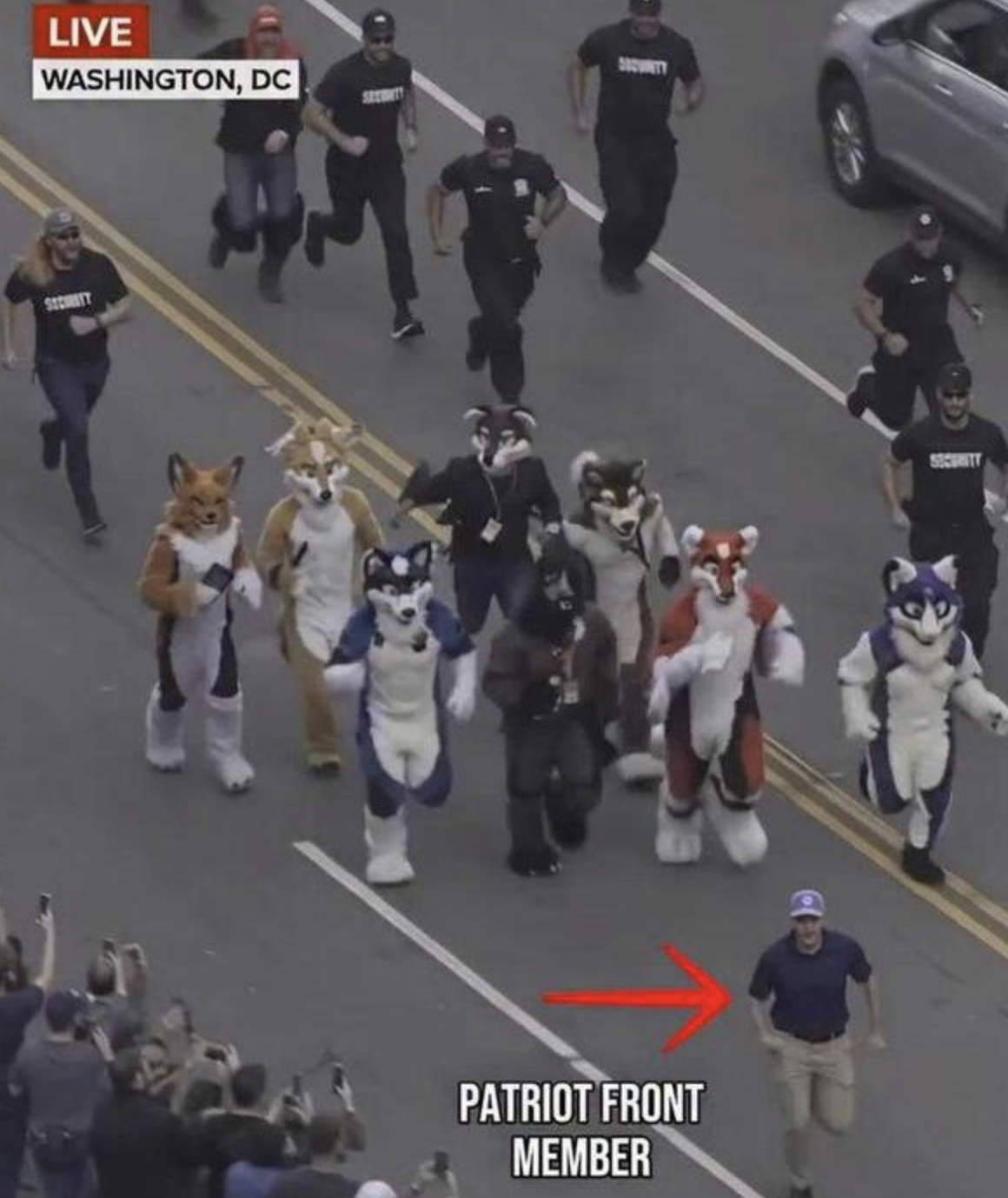 A fake ABC7 breaking-news broadcast showing furries chasing a Patriot Front member through downtown D.C.