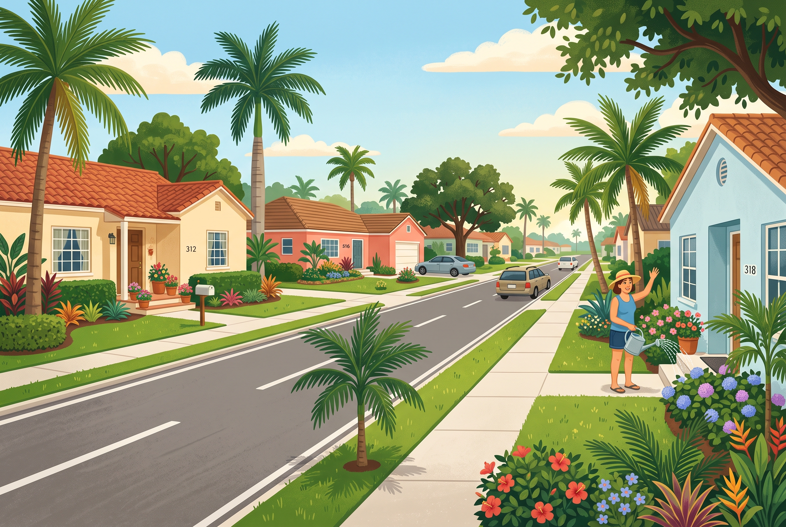 Illustration of a tidy palm-lined neighborhood street