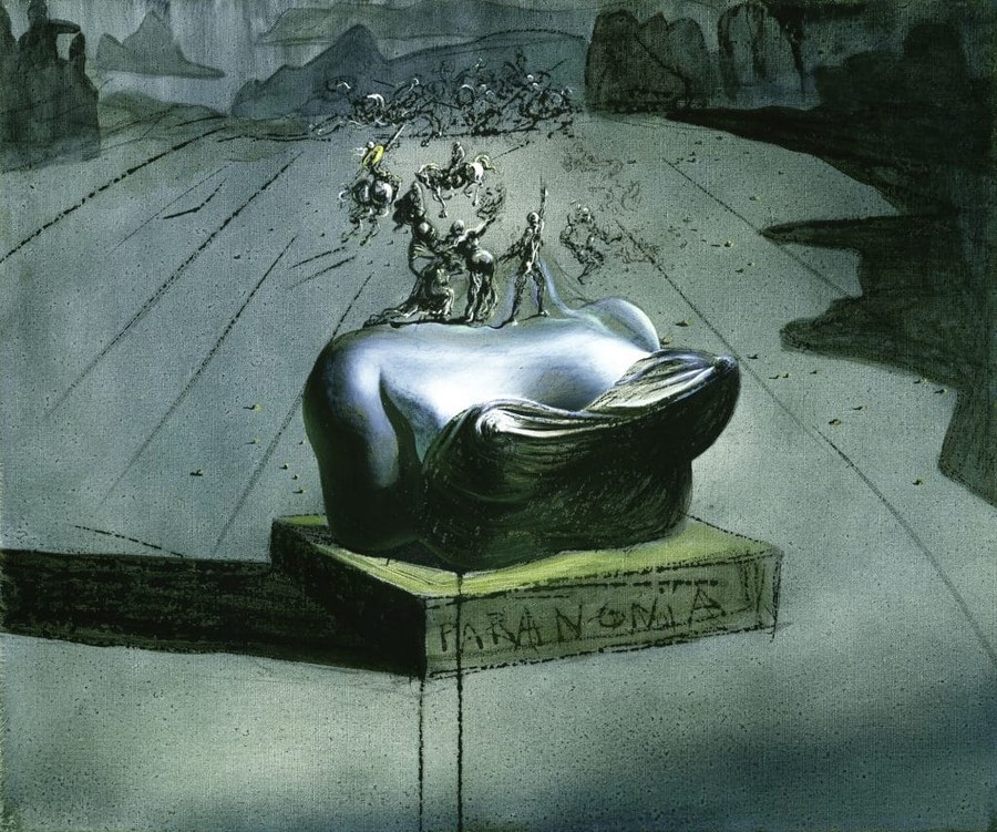 A smooth headless bust on a plinth in a grey wasteland, with tiny horsemen fighting where the head would be