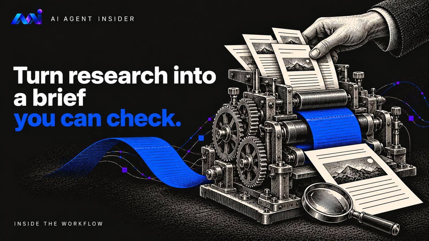 A machine organises source papers into a research brief with a magnifying glass