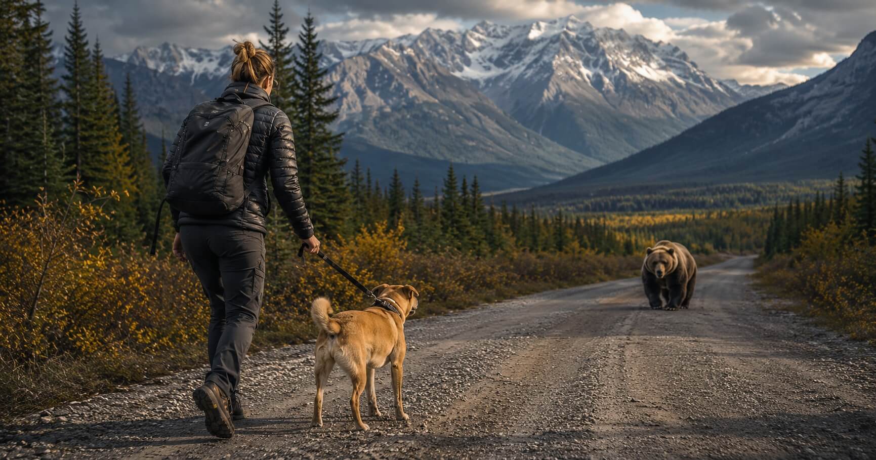 A hiker walking a leashed dog encounters a grizzly bear on a mountain trail.