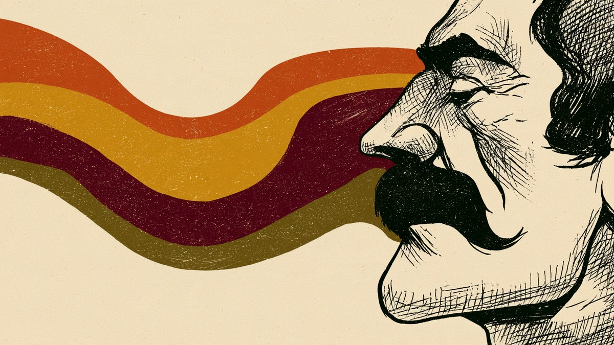 An illustrated man with a big moustache breathing in ribbons of autumn colours