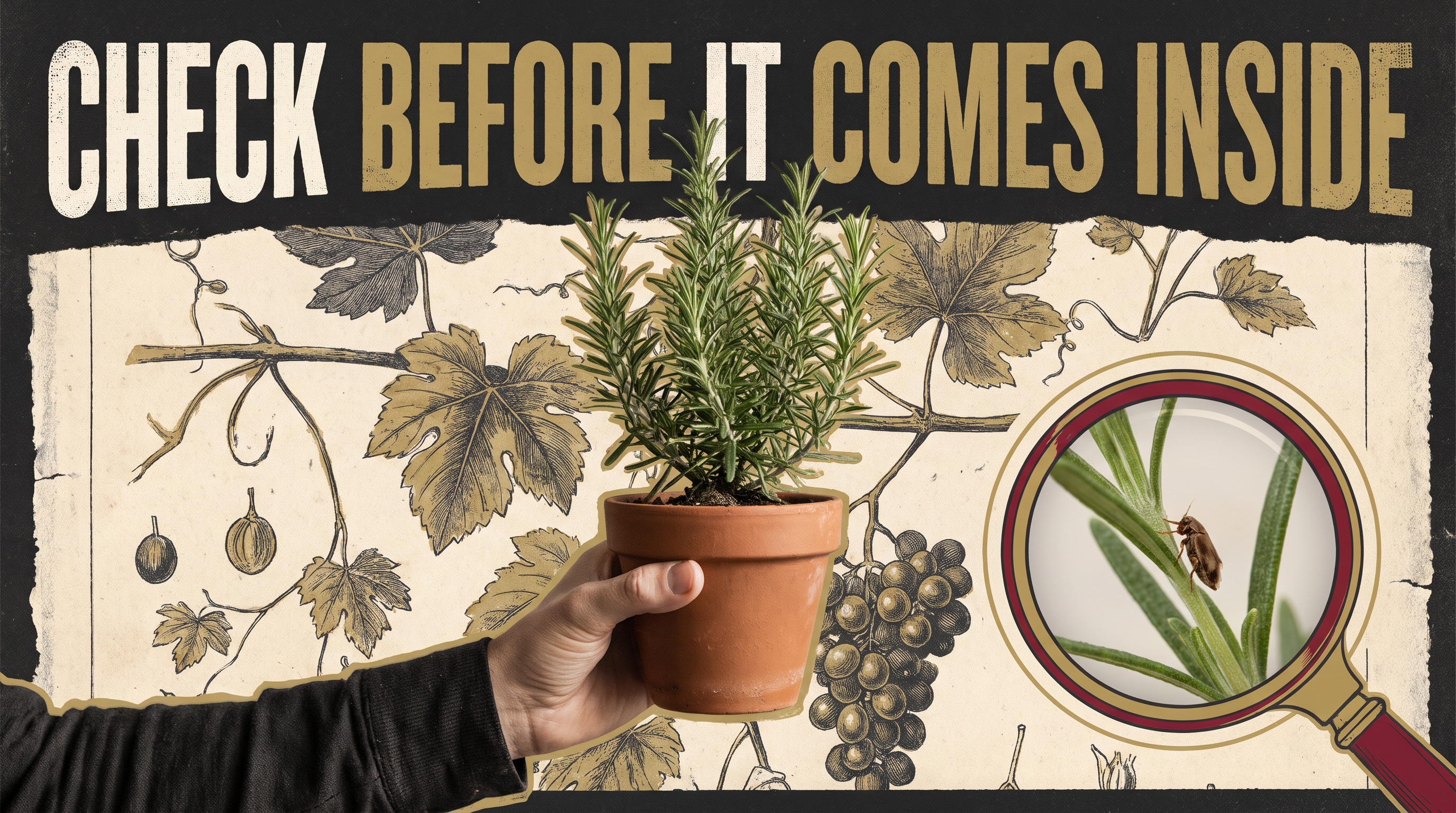 Illustrated poster about checking plants before bringing them indoors.