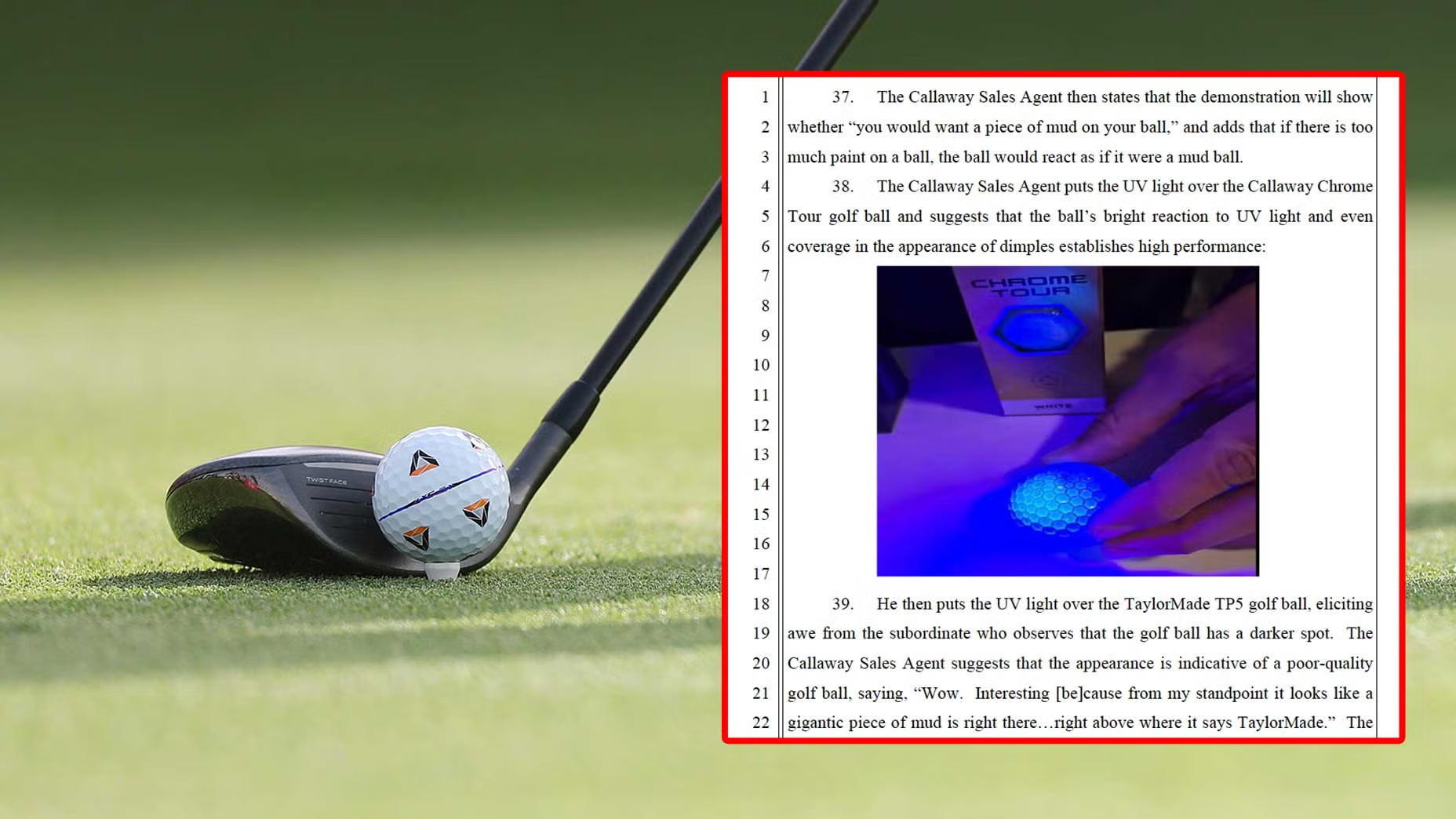 TaylorMade and Callaway golf balls shown alongside legal filings
