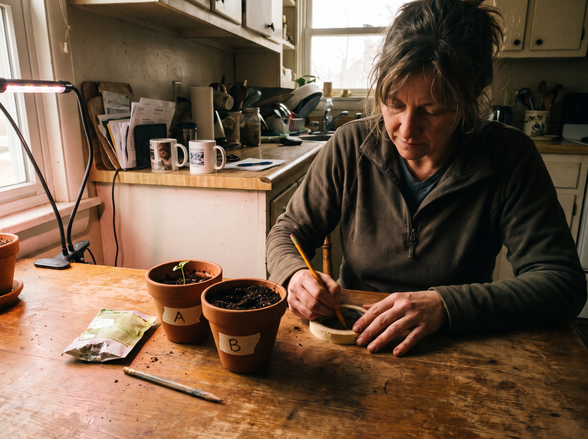 Illustrative household action: Woman about 55 labels two small lettuce pots A and B at a real kitchen table, one seedling pot and one empty prepared pot, seed packet and pencil, modest grow light nearby.