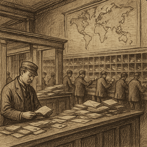 Sepia ink illustration of a 19th-century post office interior with clerks sorting mail, world map in background, cross-hatched shading