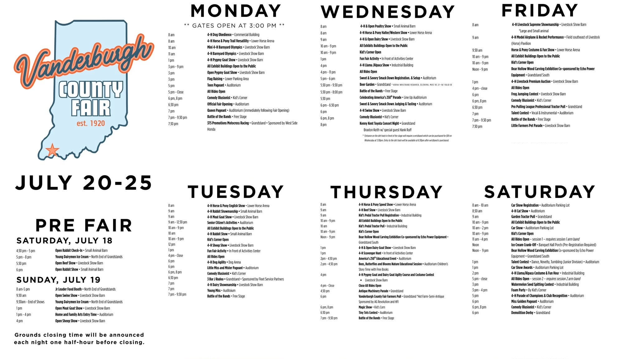 Vanderburgh County Fair 2026 daily events cheat sheet