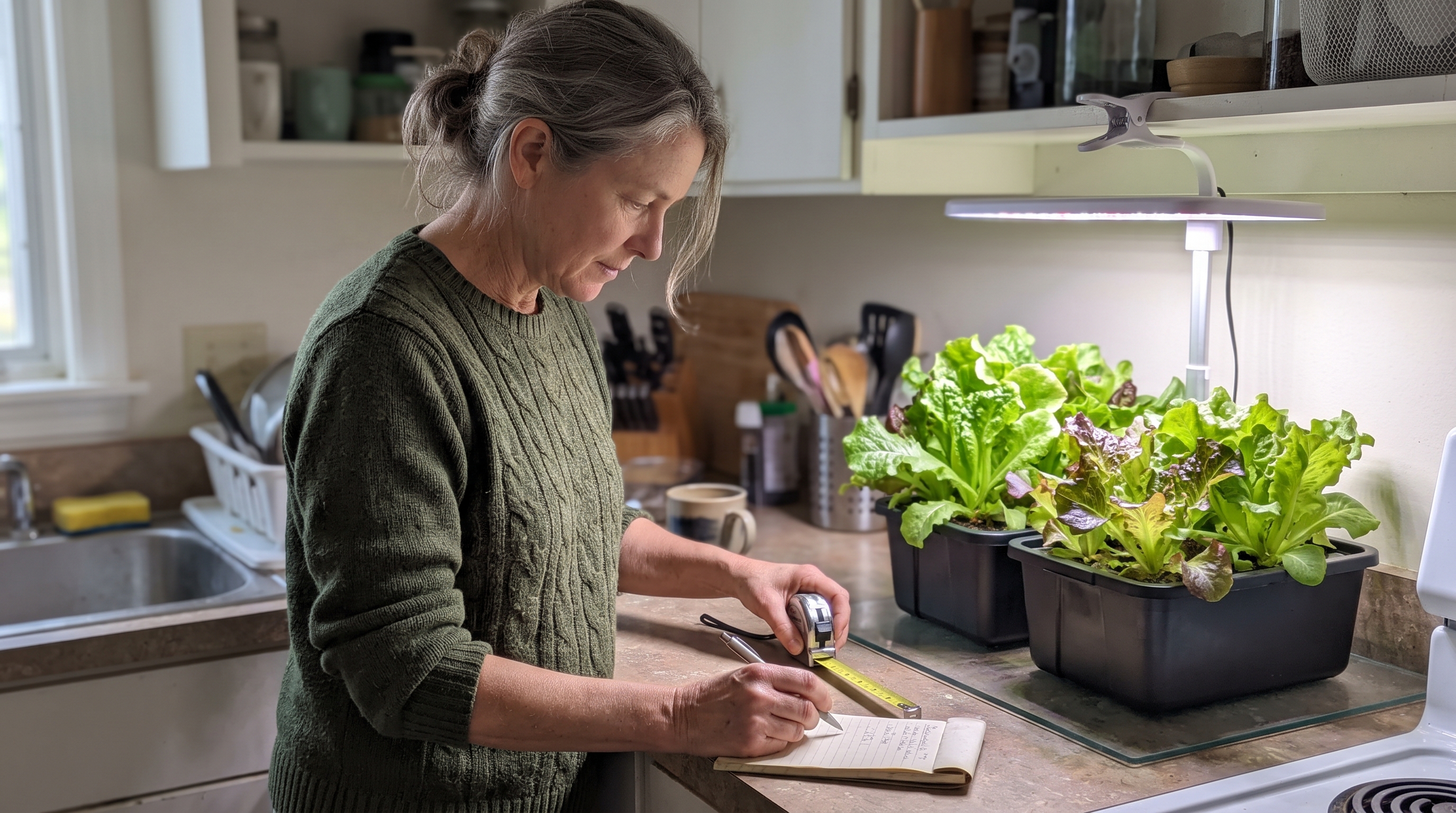 Illustrative indoor growing setup: a woman measuring a small counter space beside healthy loose-leaf lettuce and a compact grow light.