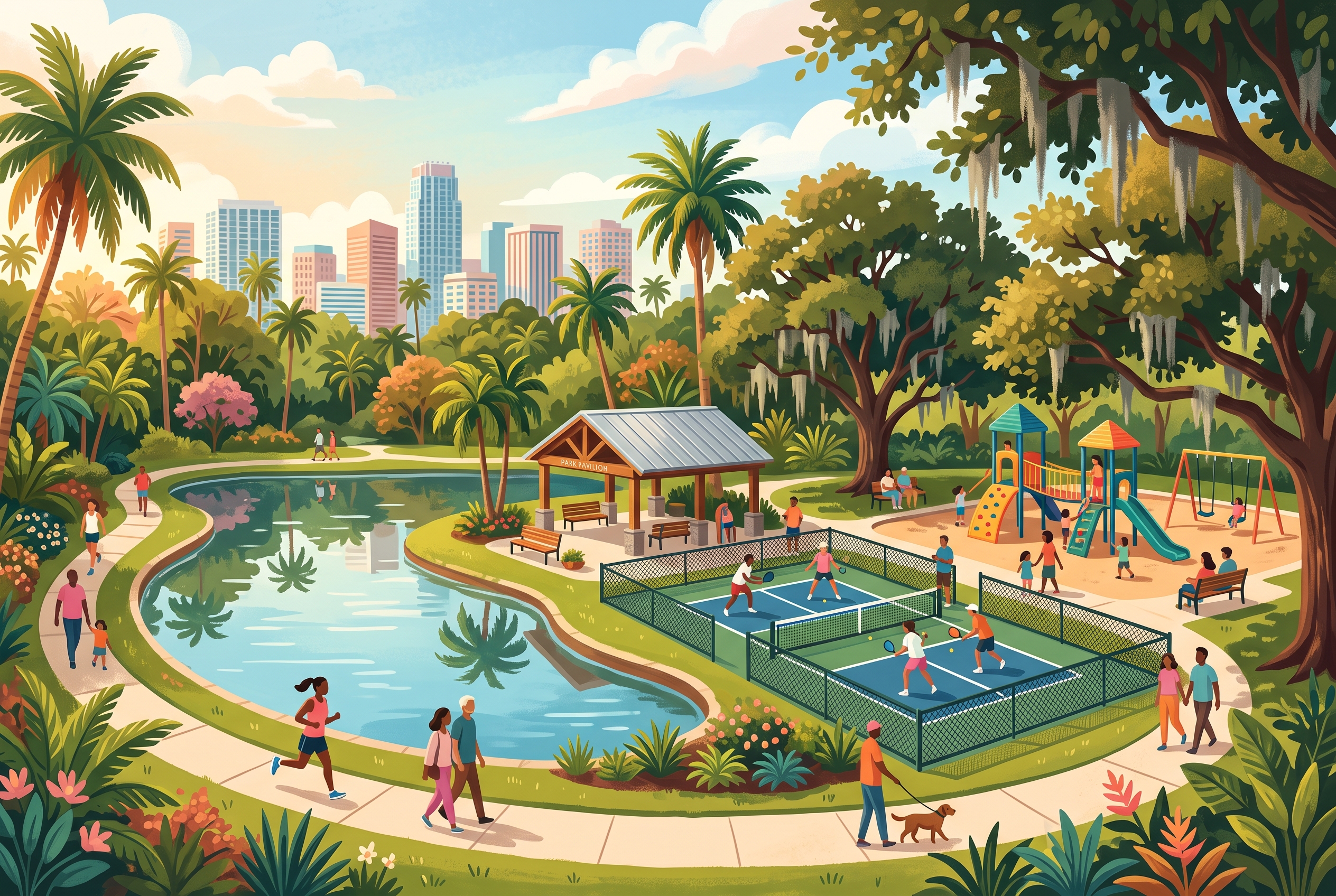 Illustration of a sunny Florida city park with pickleball courts, a playground and a pond path