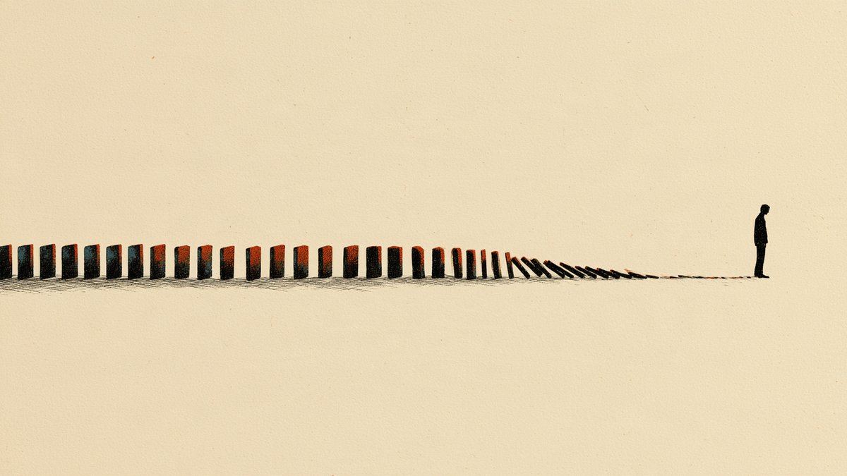 An illustration of a long line of falling dominoes ending at the feet of a lone figure