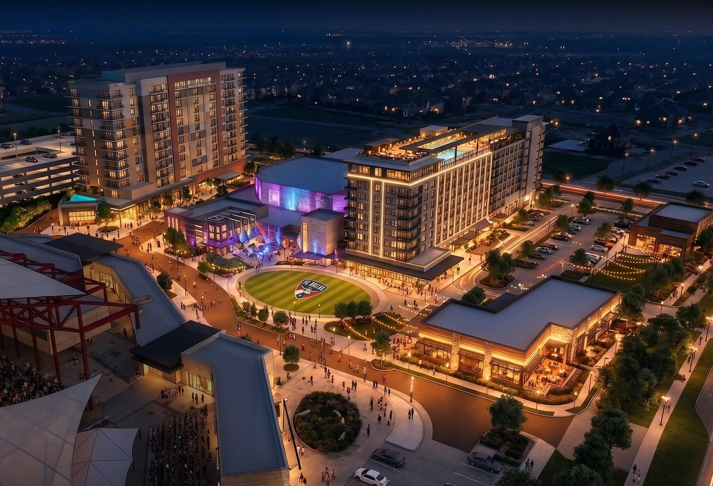 Rendering of the Toyota Stadium hotel and entertainment district in Frisco