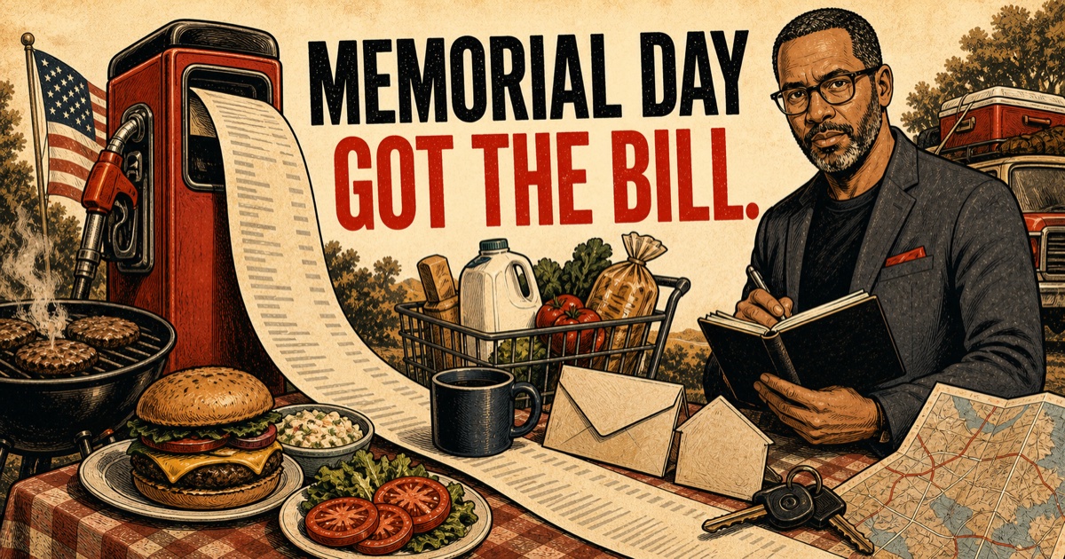 Illustrated Michael Starr Hopkins beside a Memorial Day cookout receipt from a gas pump with the headline Memorial Day Got The Bill