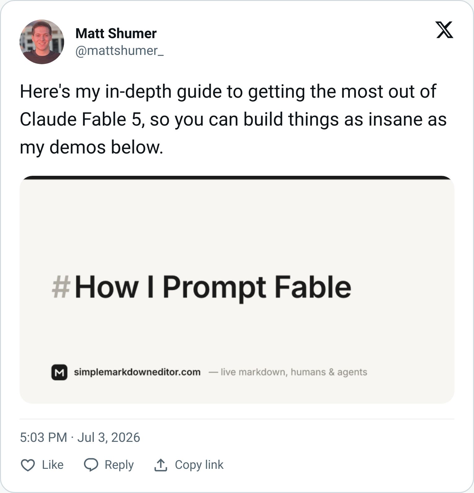 Matt Shumer tweet with a Fable 5 prompting guide