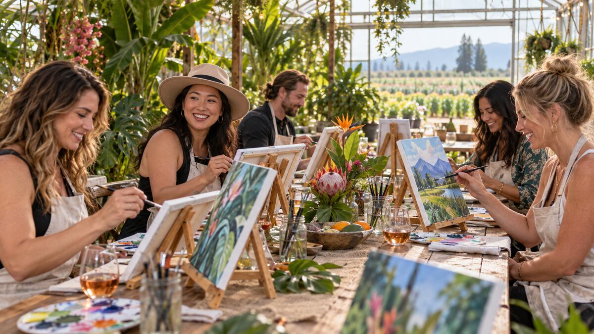 Adults painting together during a greenhouse workshop at a Delta farm